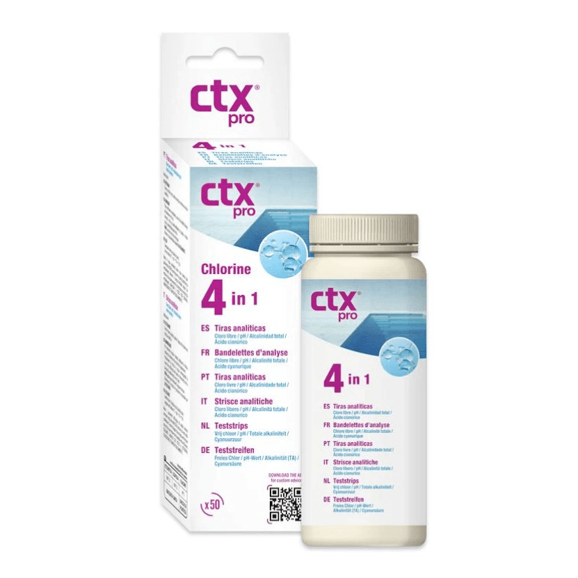CTX 4 em 1-Tiras analíticas Cloro Livre, Alcalinidade e Ácido Cianúrico
